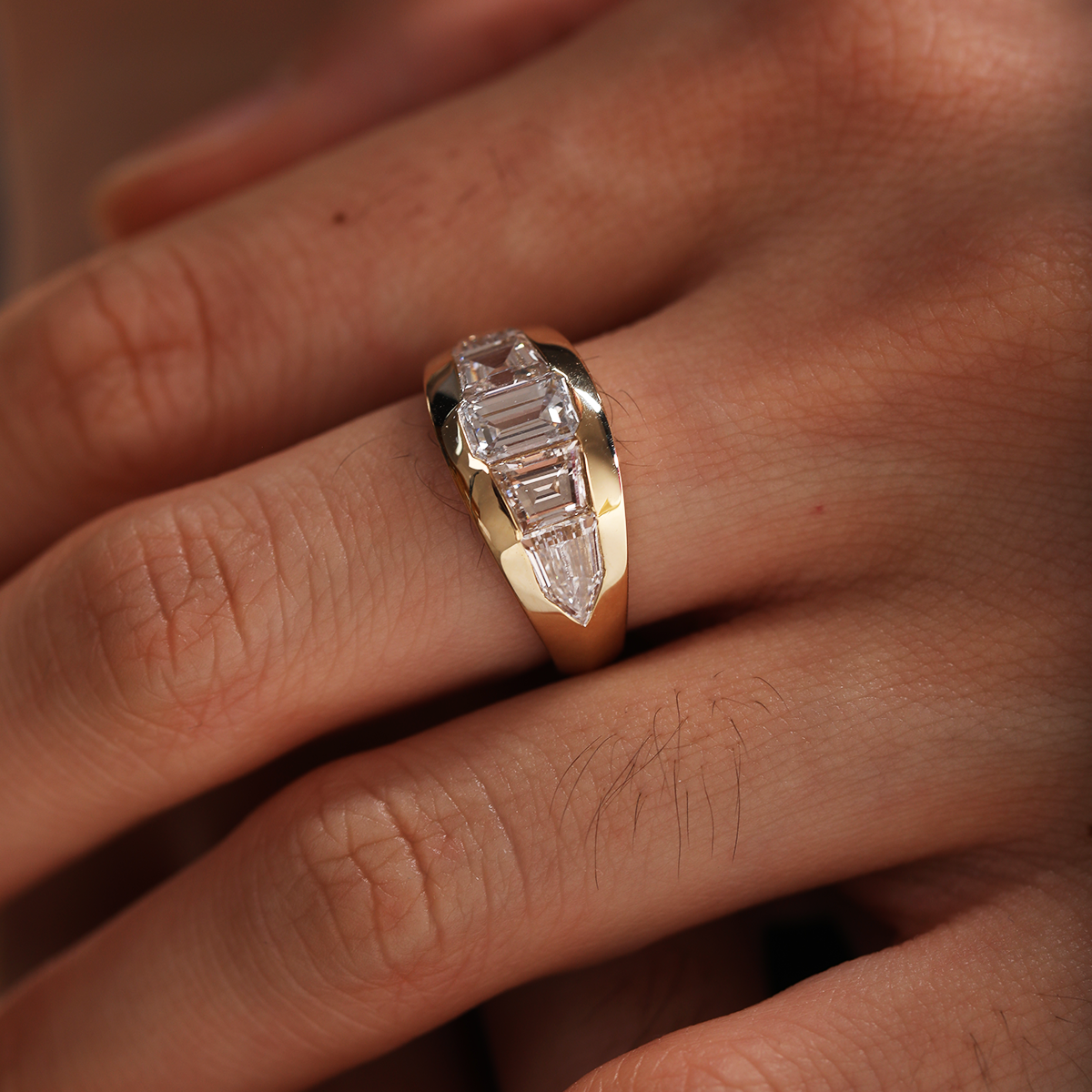 14K Yellow Gold 1ct Emerald Cut Lab Diamond 5 Stone Bezel Ring with Tapered Step Cut Cut and Bullet Cut Side-stones