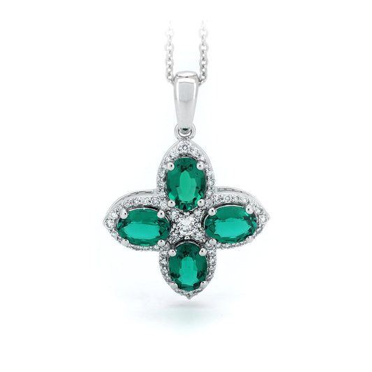 Platinum Oval Cut Lab Colombian Emerald Four-leaf Clover Lab Diamond Halo Necklace